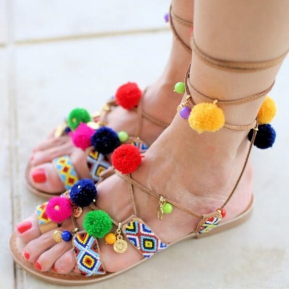 India Grace Pipa Boho Tie Up PomPom Gladiator Sandals Size 5 Sambag Charms Beach - Picture 2 of 16